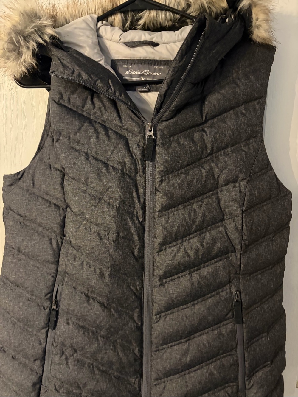 Eddie Bauer Women's Dark Gray Quilted Hooded Down Vest with Fur Trim